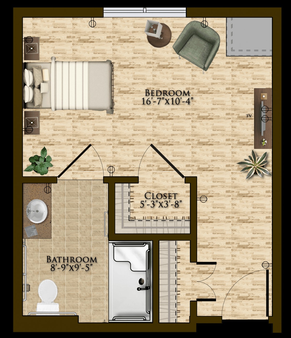 A floor plan of an apartment showing a bedroom, bathroom, and living area with labeled dimensions.