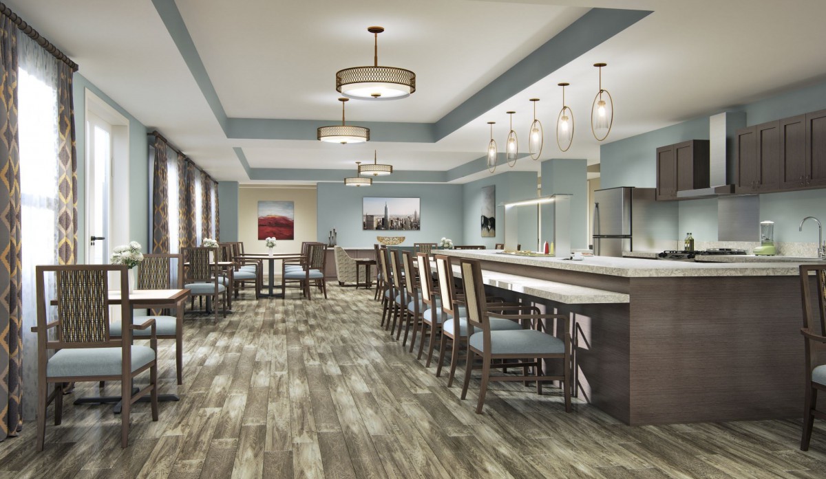Modern dining area with a bar counter and stylish lighting.