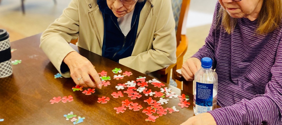 Two people working on a jigsaw puzzle at a table.