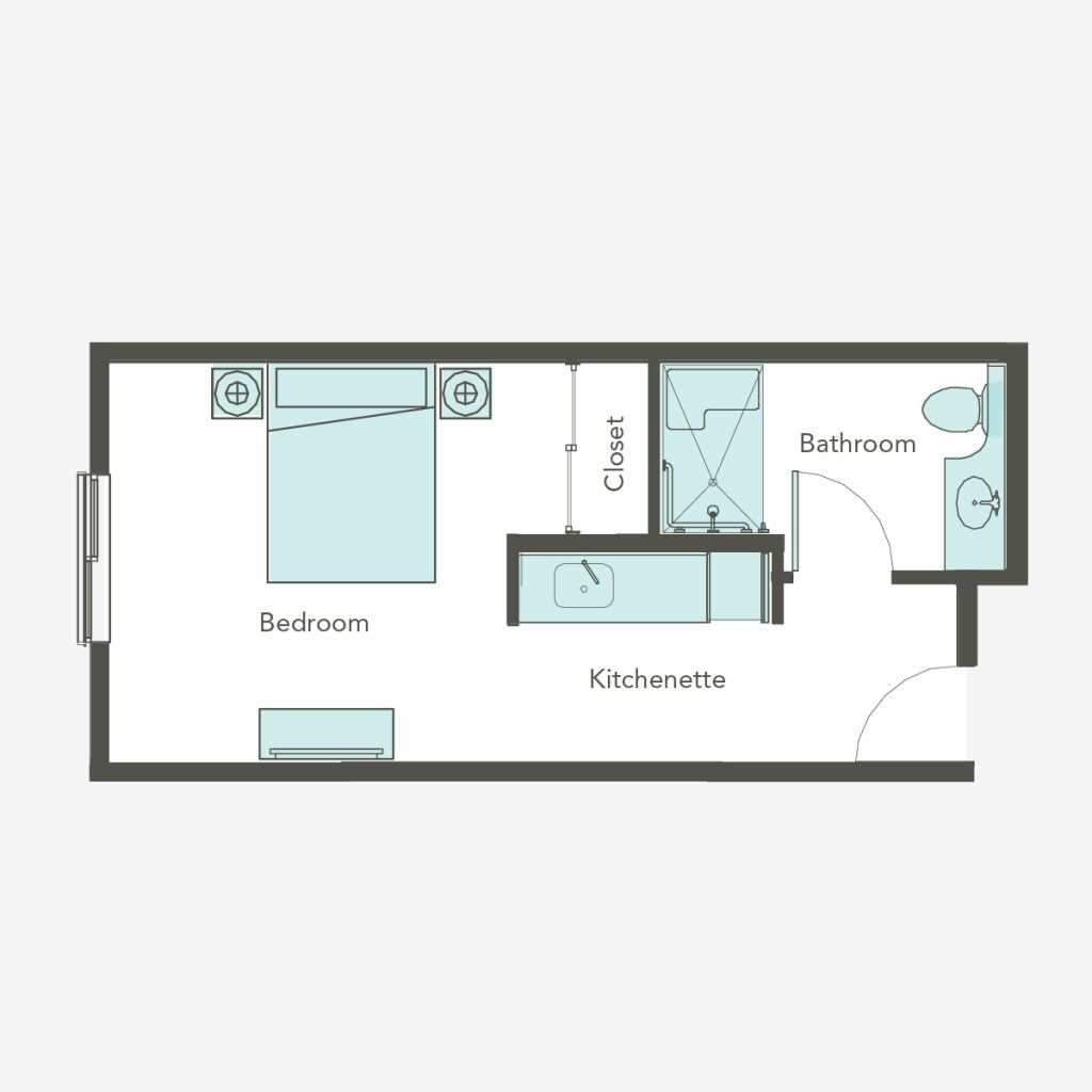A compact apartment floor plan featuring a bedroom, bathroom, and living area.