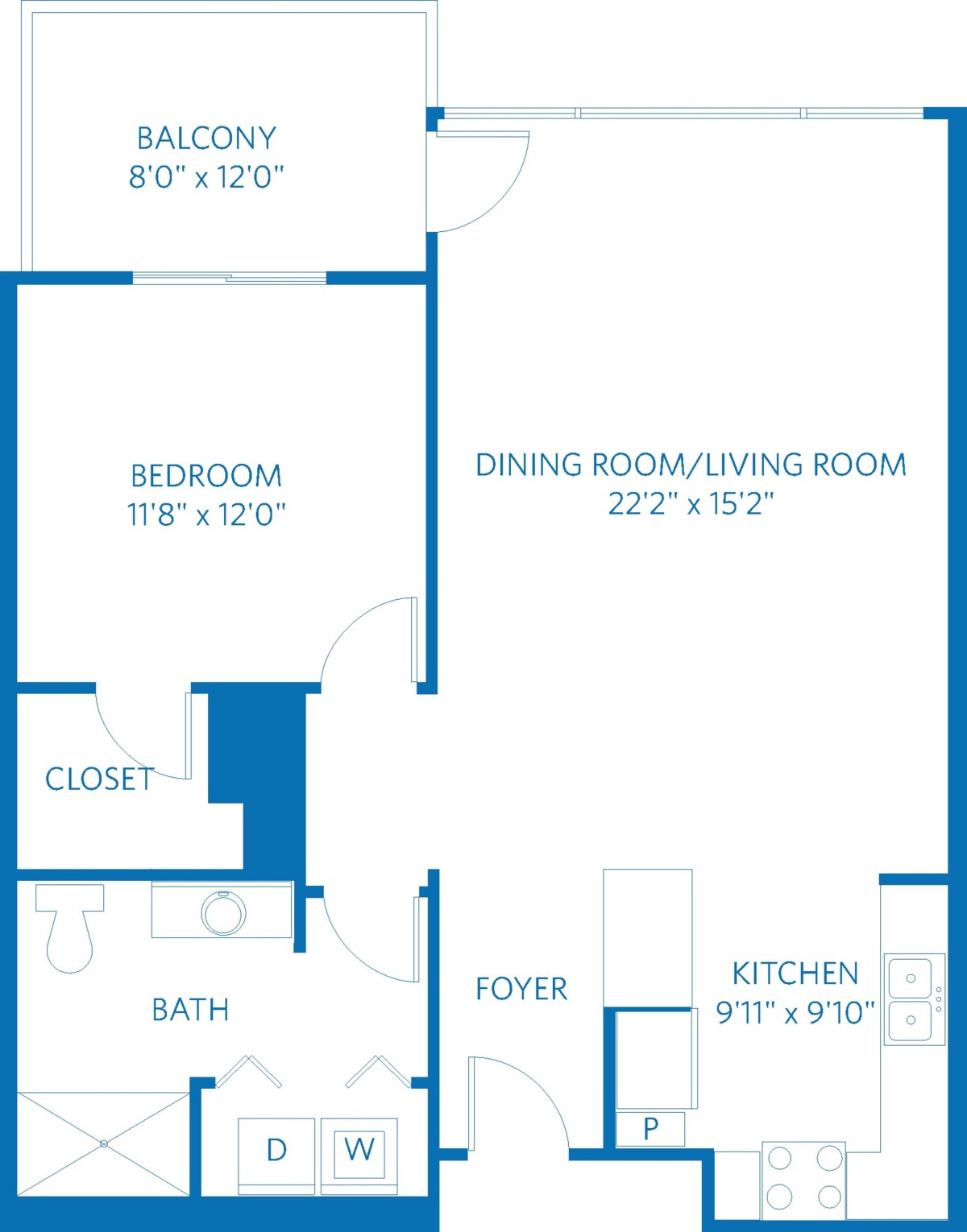 A floor plan showing the layout and dimensions of an apartment, including a bedroom, bathroom, kitchen, living room, dining room, balcony, and foyer.