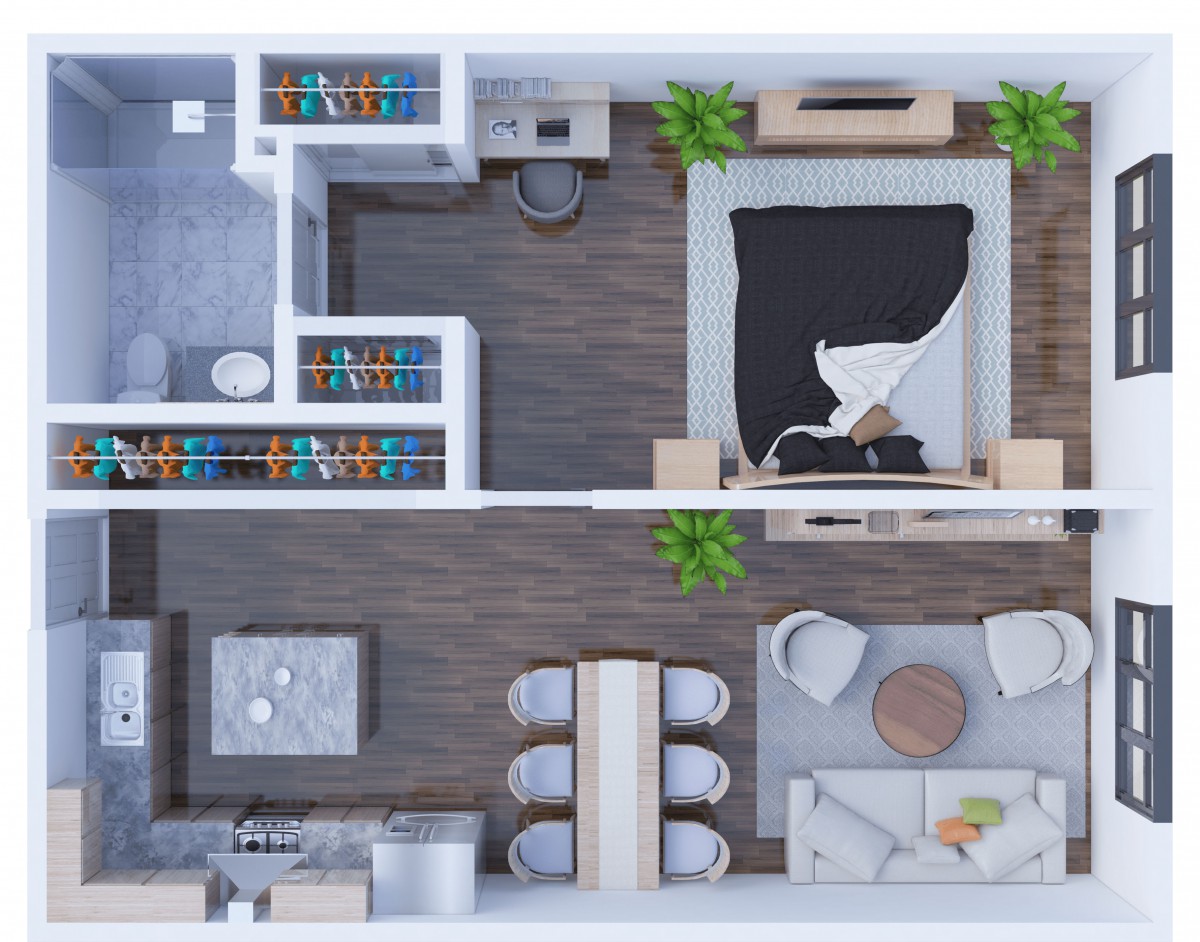 A modern apartment floor plan showcasing a bedroom, living area, dining space, and kitchen.