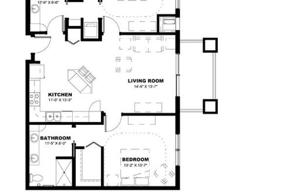 A floor plan diagram showing the layout of a residential space with labeled rooms.
