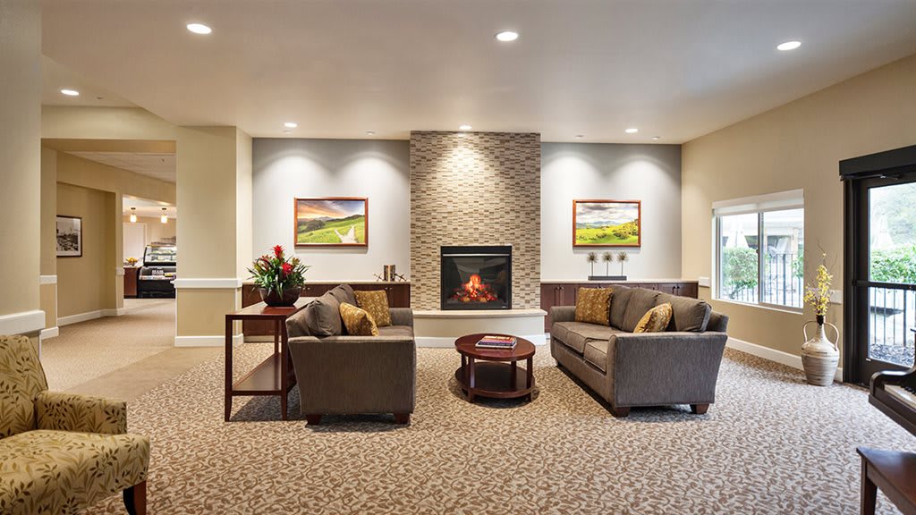 A cozy living room with sofas and a fireplace.