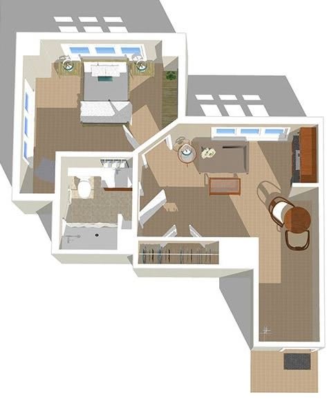 A 3D floor plan showcasing the layout of an apartment, featuring a bedroom, living area, and bathroom.