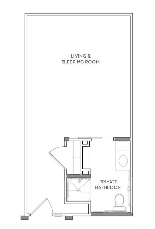 Studio apartment floor plan with living and sleeping area, and private bathroom.