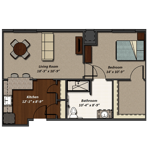 A floor plan of a one-bedroom apartment featuring a living room, kitchen, and bathroom.