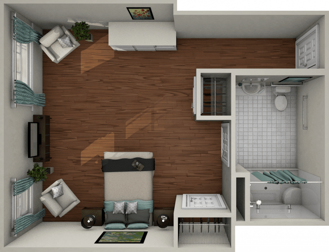 A top-down view of a modern apartment layout featuring a bedroom and bathroom.
