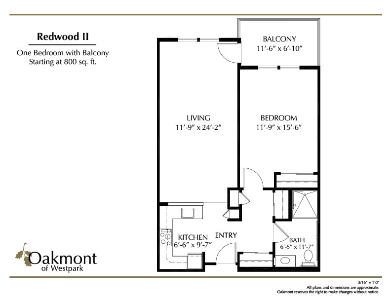 Floor plan of a one-bedroom apartment with a balcony.