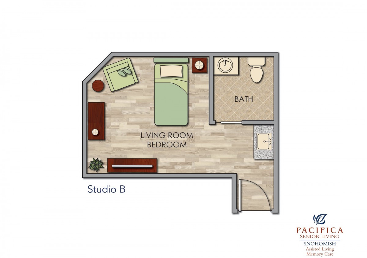 Floor plan of a studio apartment with combined living and sleeping area, and a separate bathroom.