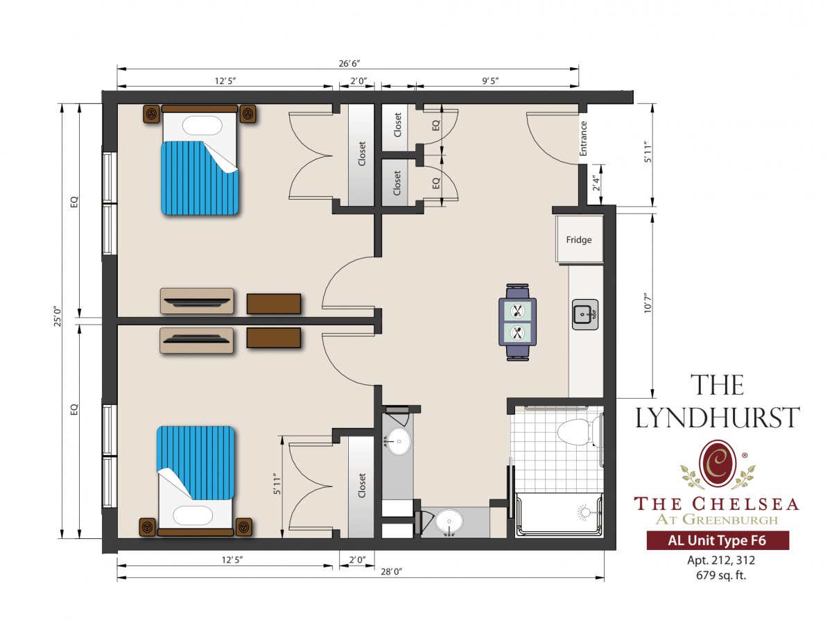 A detailed floor plan showcasing a two-bedroom house layout.