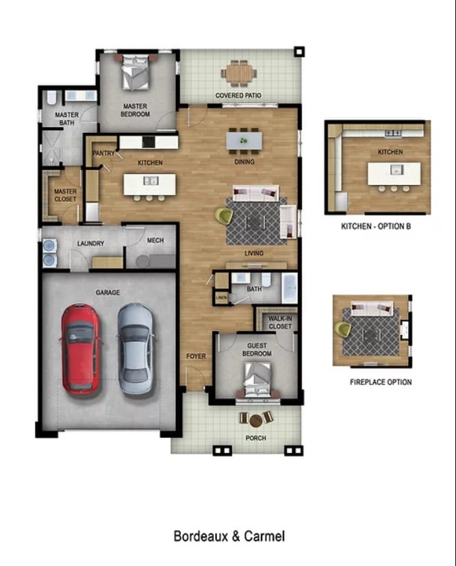 A detailed floor plan of a modern residential home, featuring a garage, bedrooms, kitchen, and living areas.