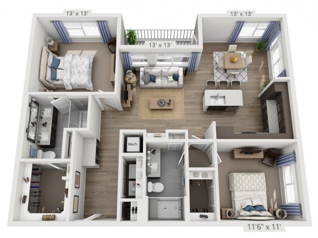 3D floor plan of a two-bedroom apartment with labeled dimensions and furnishings.