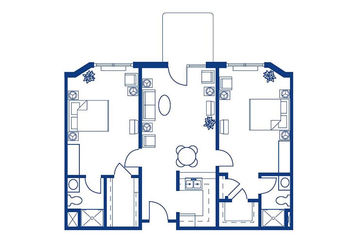 Blueprint of a two-bedroom apartment layout with labeled rooms and furniture placement.