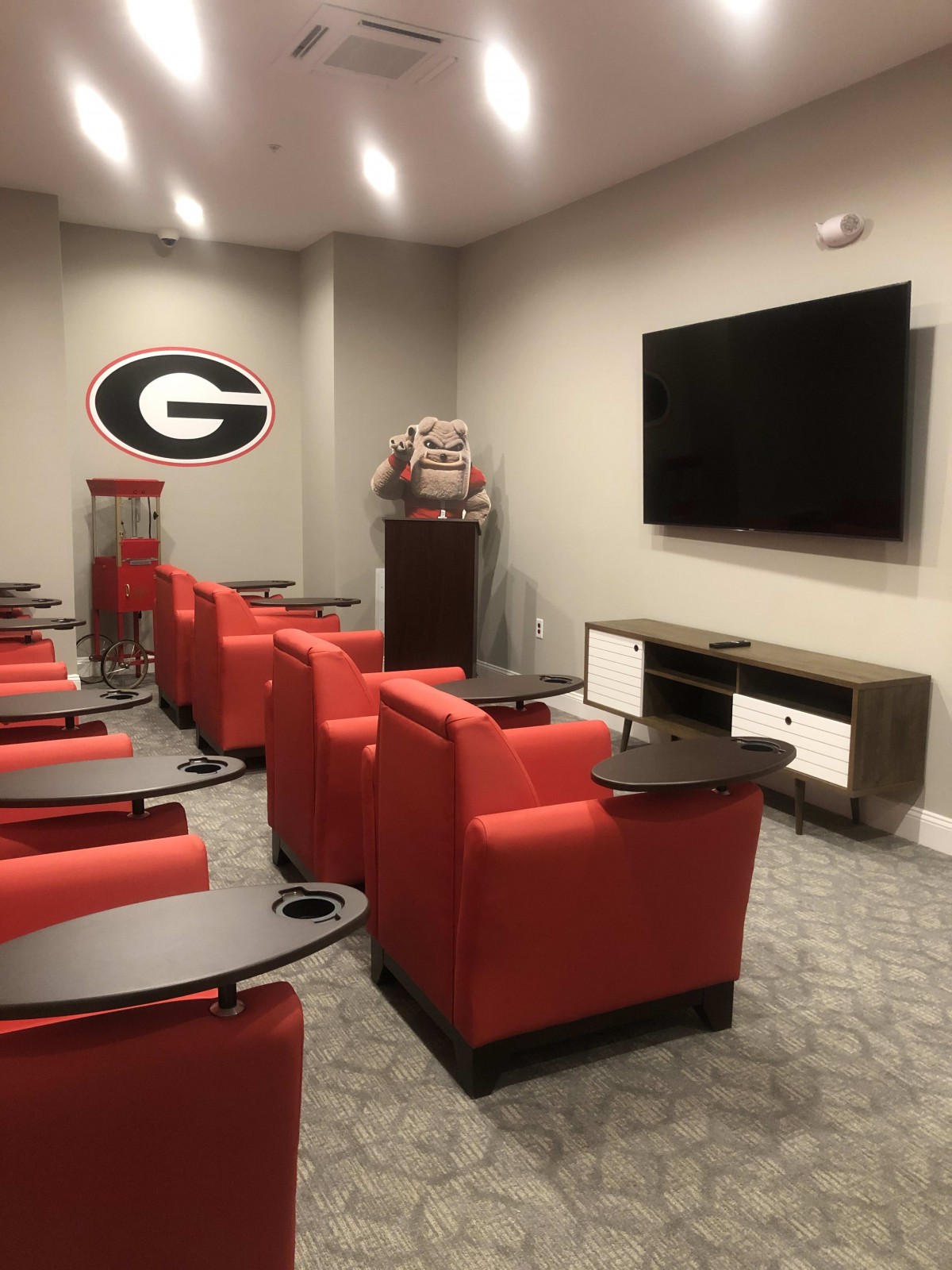 A sports-themed media room featuring red chairs and a large television.