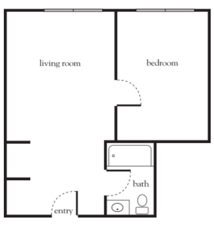 A simple floor plan of a one-bedroom apartment with a living room, bedroom, bathroom, and entryway.