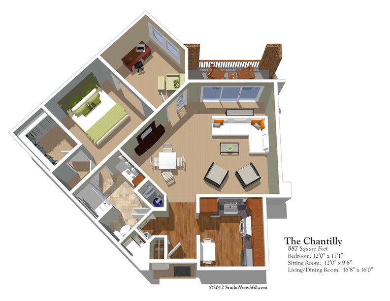 A 3D floor plan of an apartment, showcasing the layout of rooms and furniture.