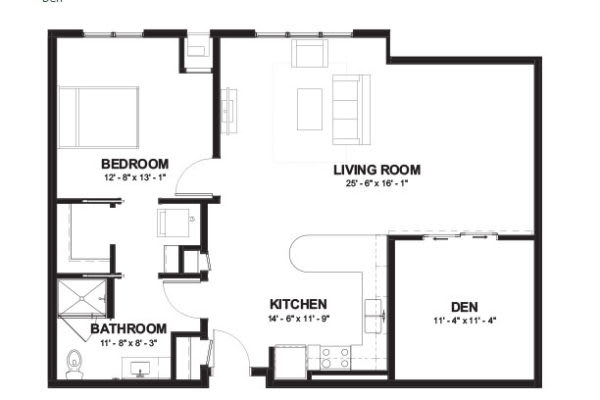 An architectural floor plan showing the layout of a home with designated rooms such as the bedroom, living room, kitchen, and den.