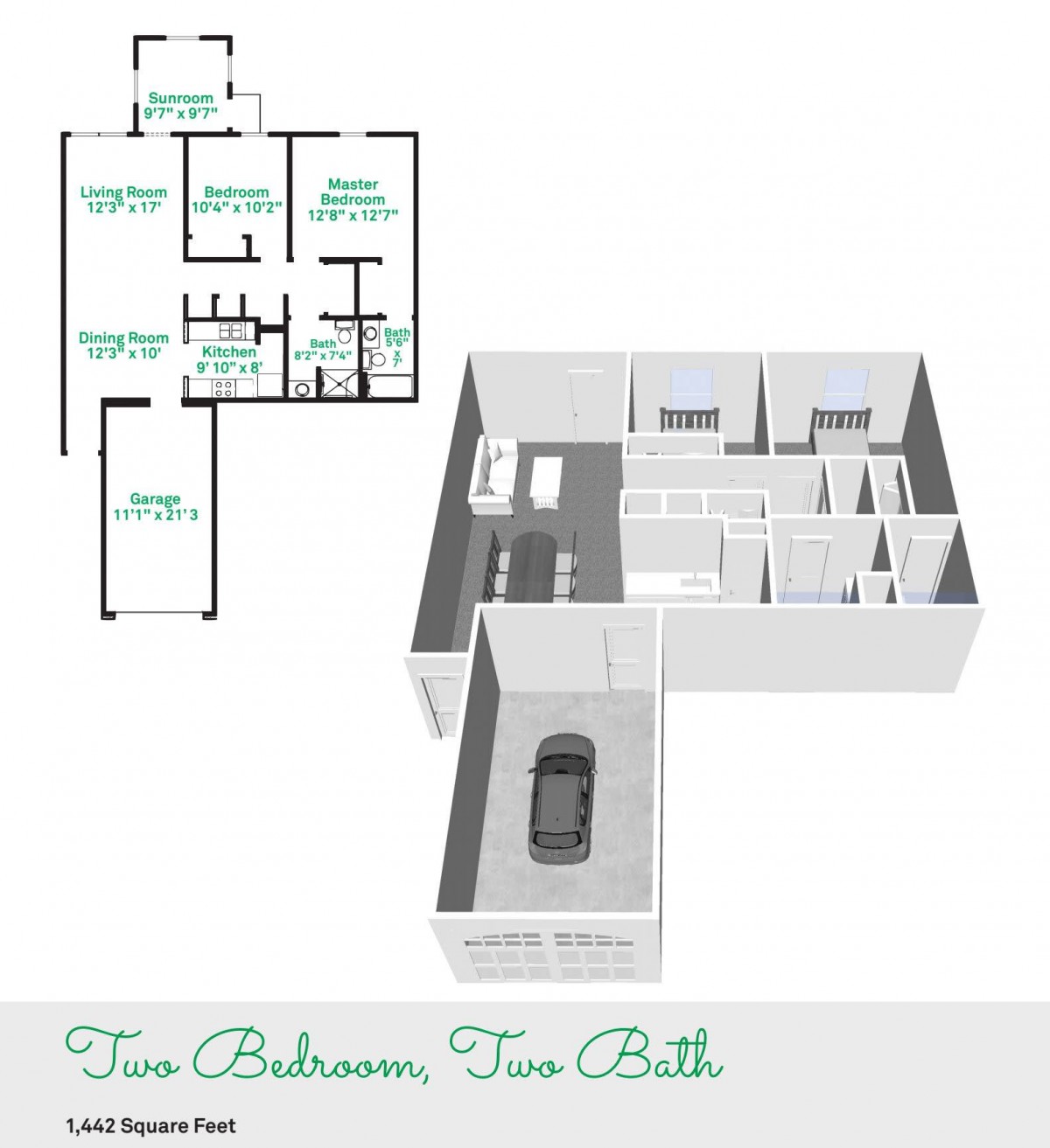 A floor plan and 3D model of a two-bedroom, two-bathroom apartment with a garage.