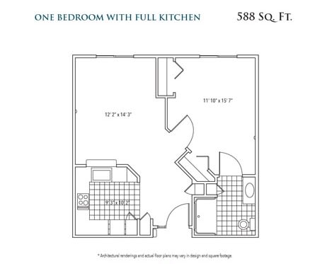 Floor plan of a 588 sq. ft. one-bedroom apartment with a full kitchen.