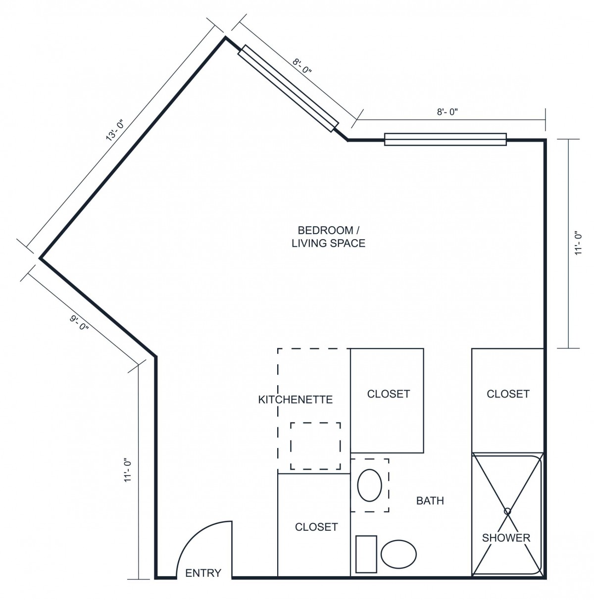 Architectural layout of a small apartment featuring a bedroom, living room, kitchen area, and closets.