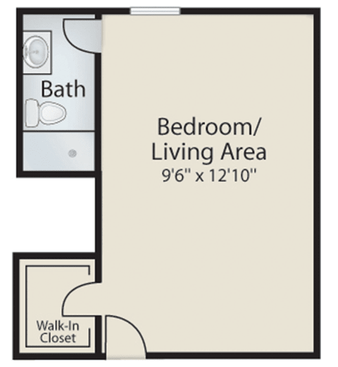 Studio apartment floor plan featuring a combined bedroom and living area, bathroom, and walk-in closet.