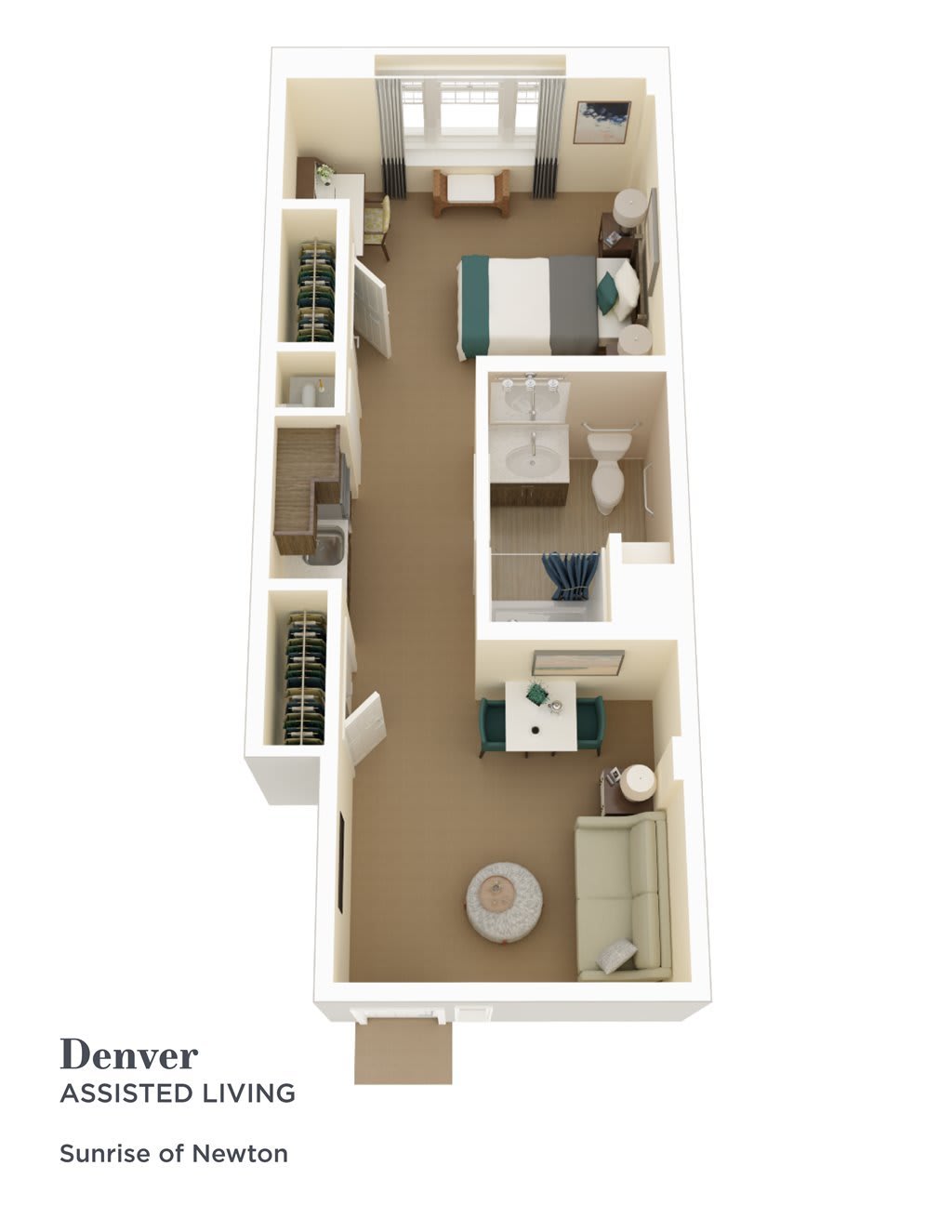 A compact apartment floor plan featuring a bedroom, bathroom, and living area.