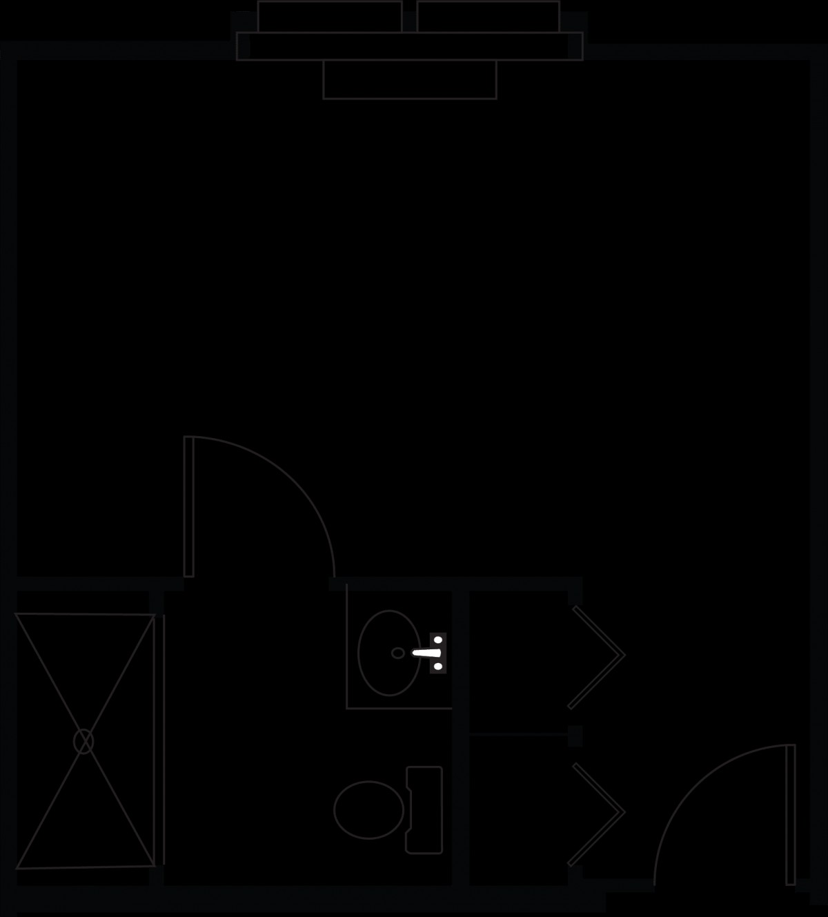 A basic floor plan showing the layout of a room with entry and bathroom areas.