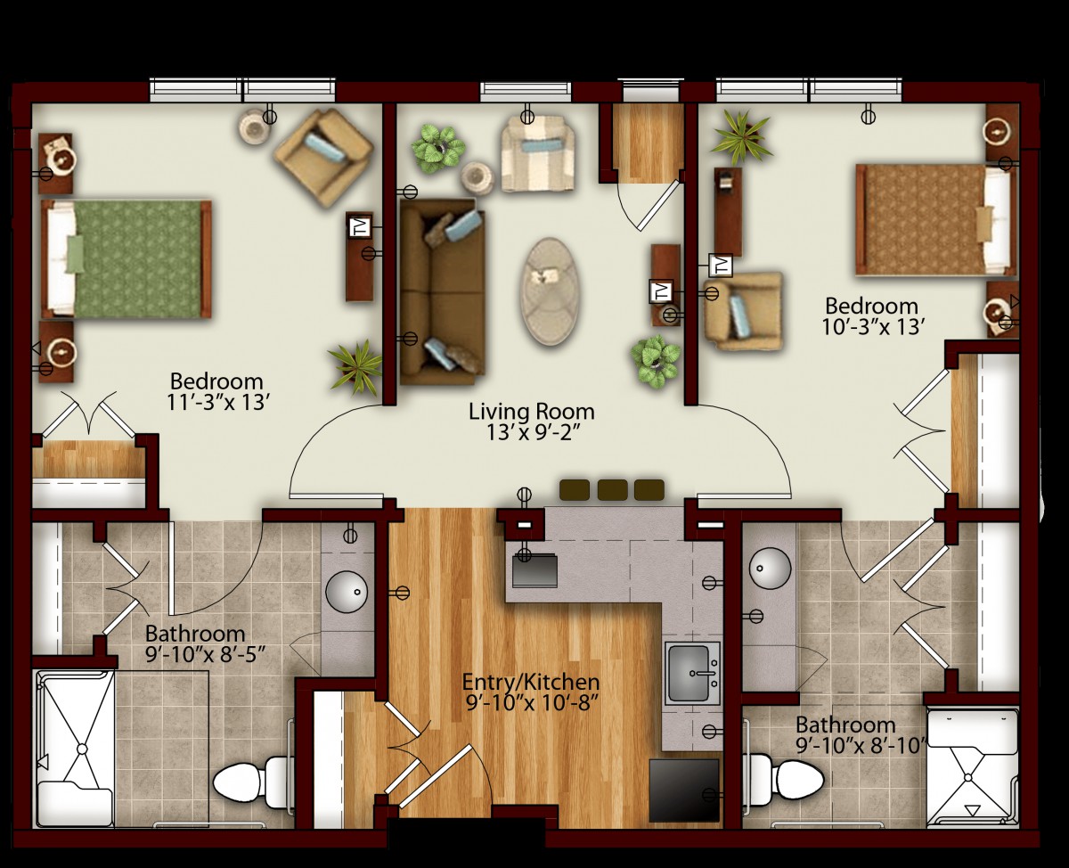 A detailed floor plan of a three-bedroom apartment featuring a central living room, kitchen, and two bathrooms.