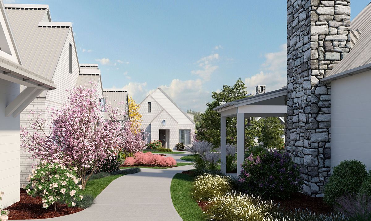 A picturesque residential area with a winding pathway surrounded by blooming flowers and trees.