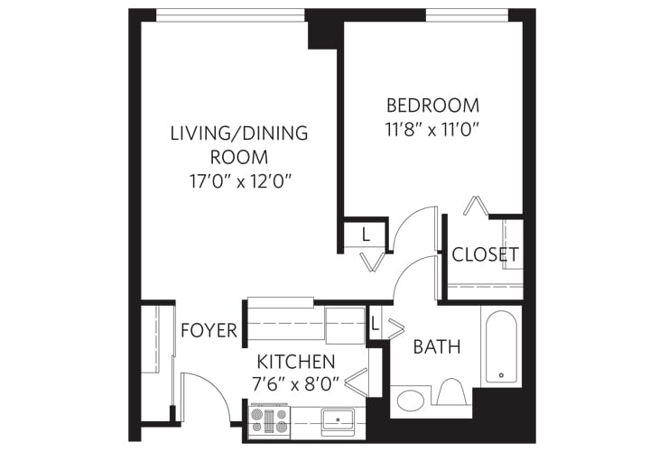 Floor plan of a one-bedroom apartment with living/dining area, kitchen, bathroom, and closet.
