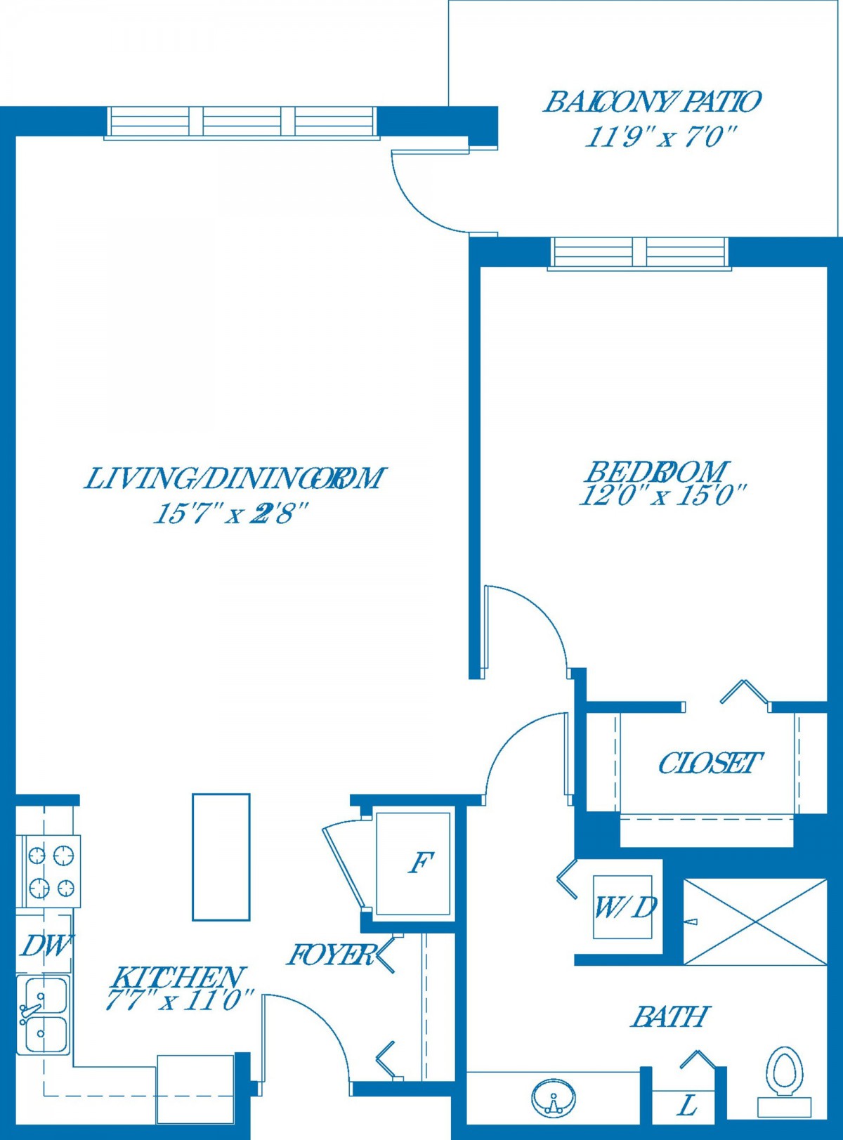 A detailed floor plan of an apartment with labeled rooms and features.