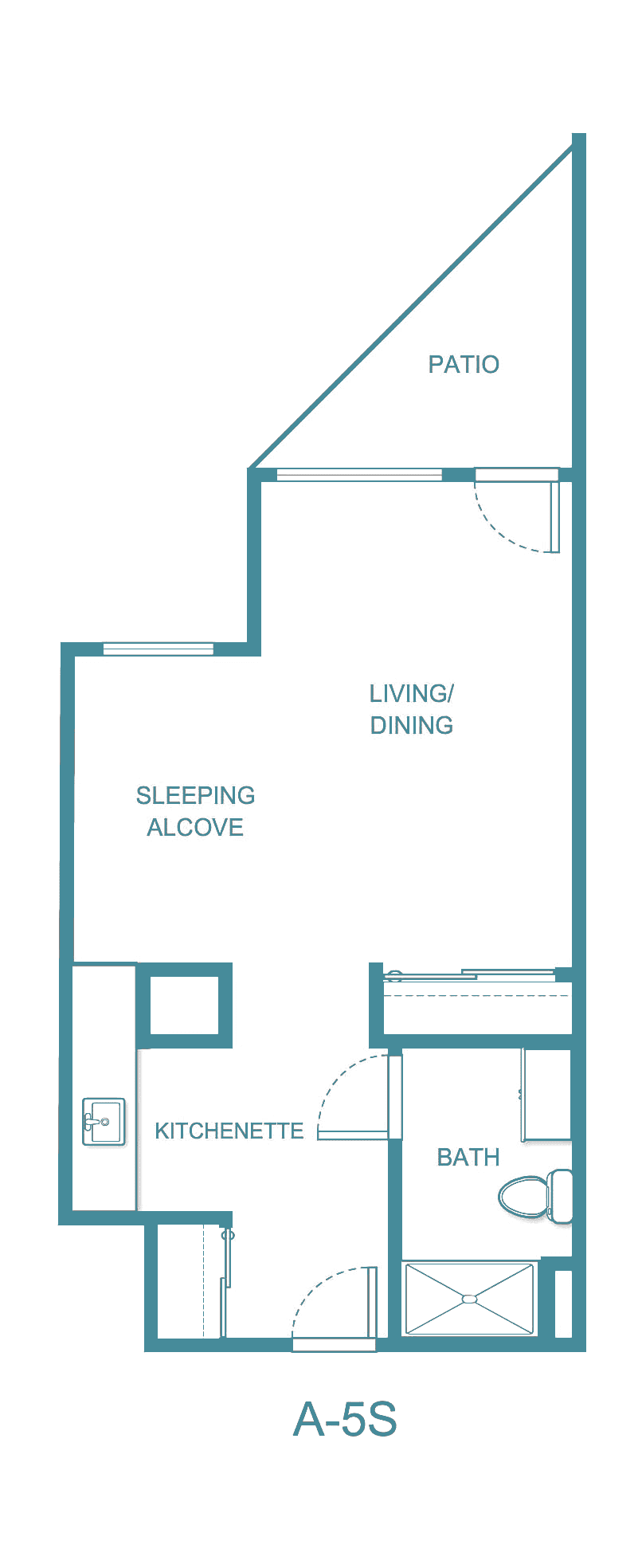Studio apartment floor plan with a living/dining area and sleeping alcove.