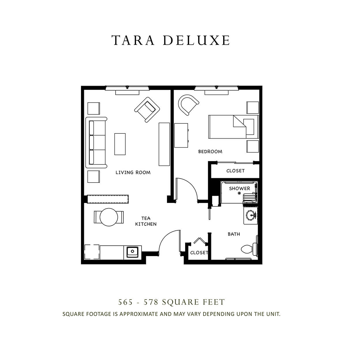 Floor plan of the Tara Deluxe apartment, featuring a spacious living room, kitchen, one bedroom, and a bathroom.