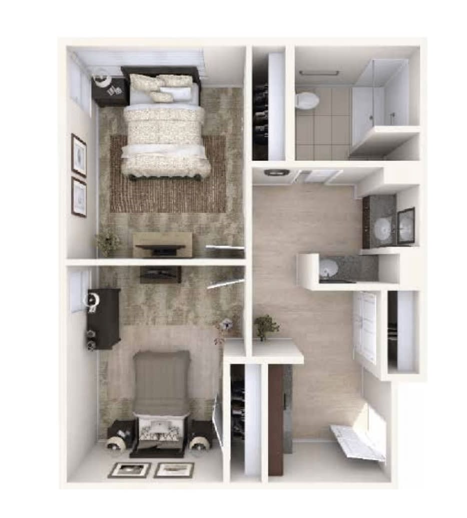 A 3D floor plan of a one-bedroom apartment featuring a living room, kitchen, bathroom, and bedroom.