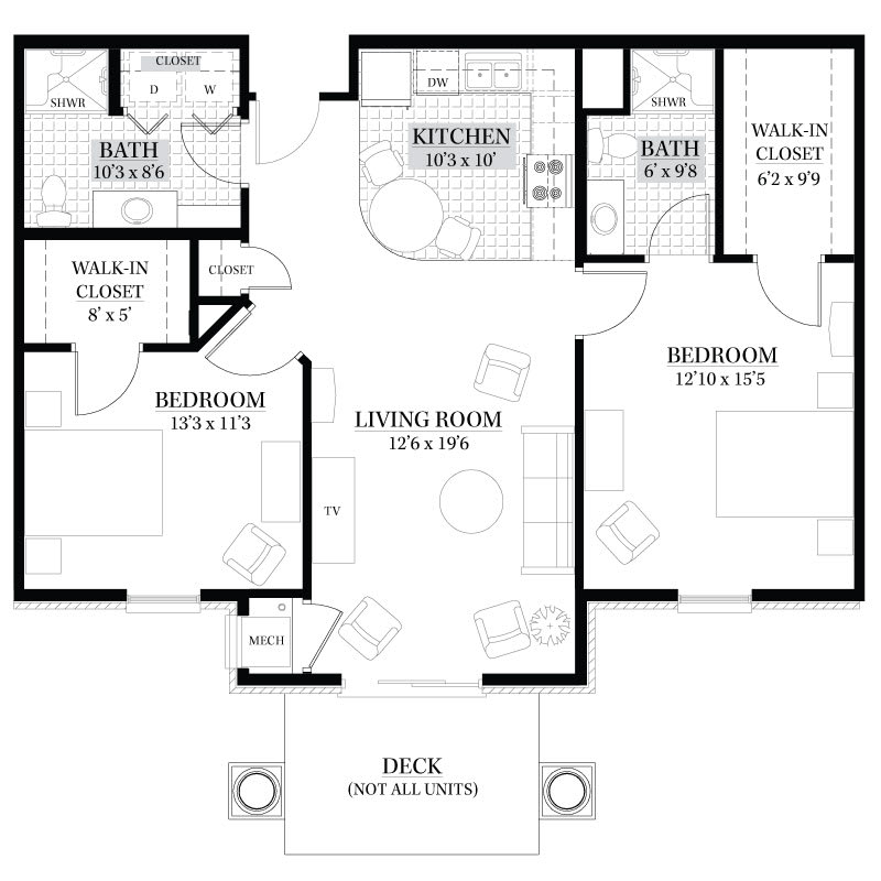 A detailed floor plan of a two-bedroom apartment with labeled rooms and dimensions.