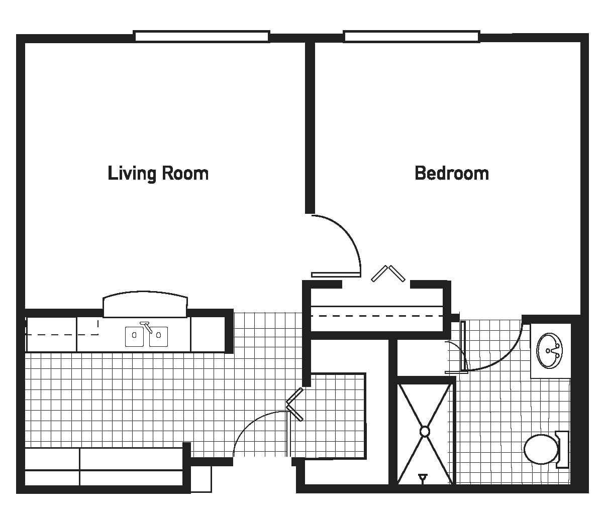 A simple floor plan of an apartment featuring a living room, bedroom, kitchen, and bathroom.