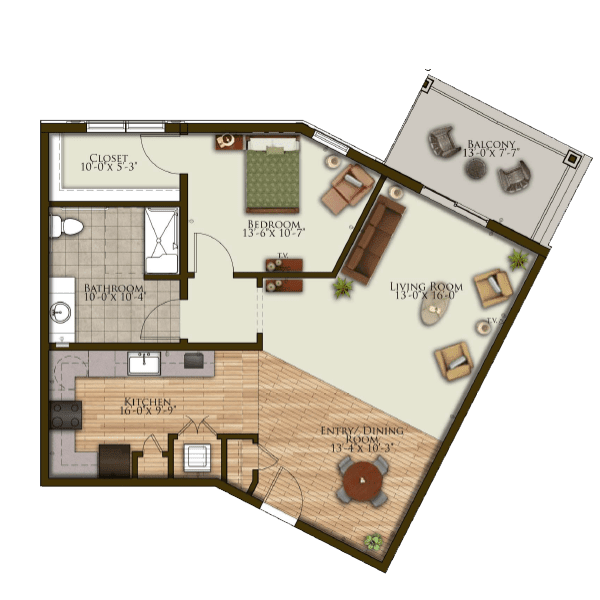 One-bedroom apartment floor plan with living room, kitchen, bathroom, and balcony.