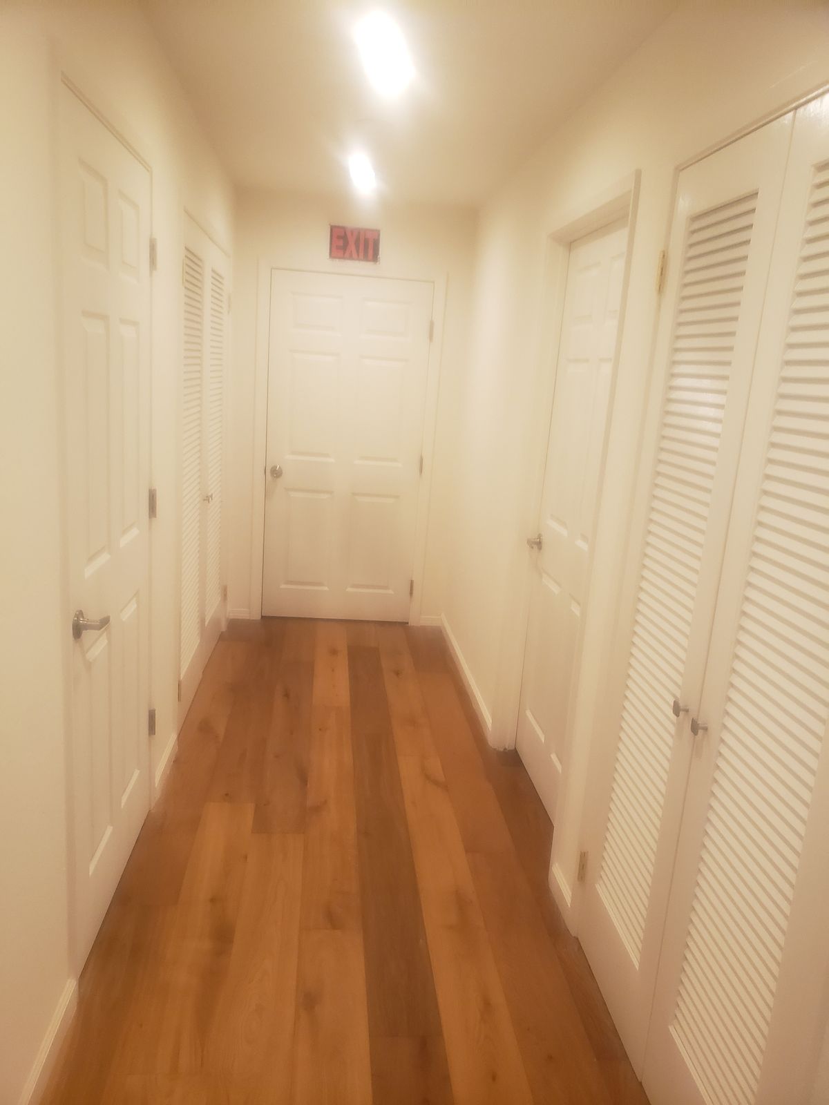 A well-lit hallway with multiple doors and a wooden floor.