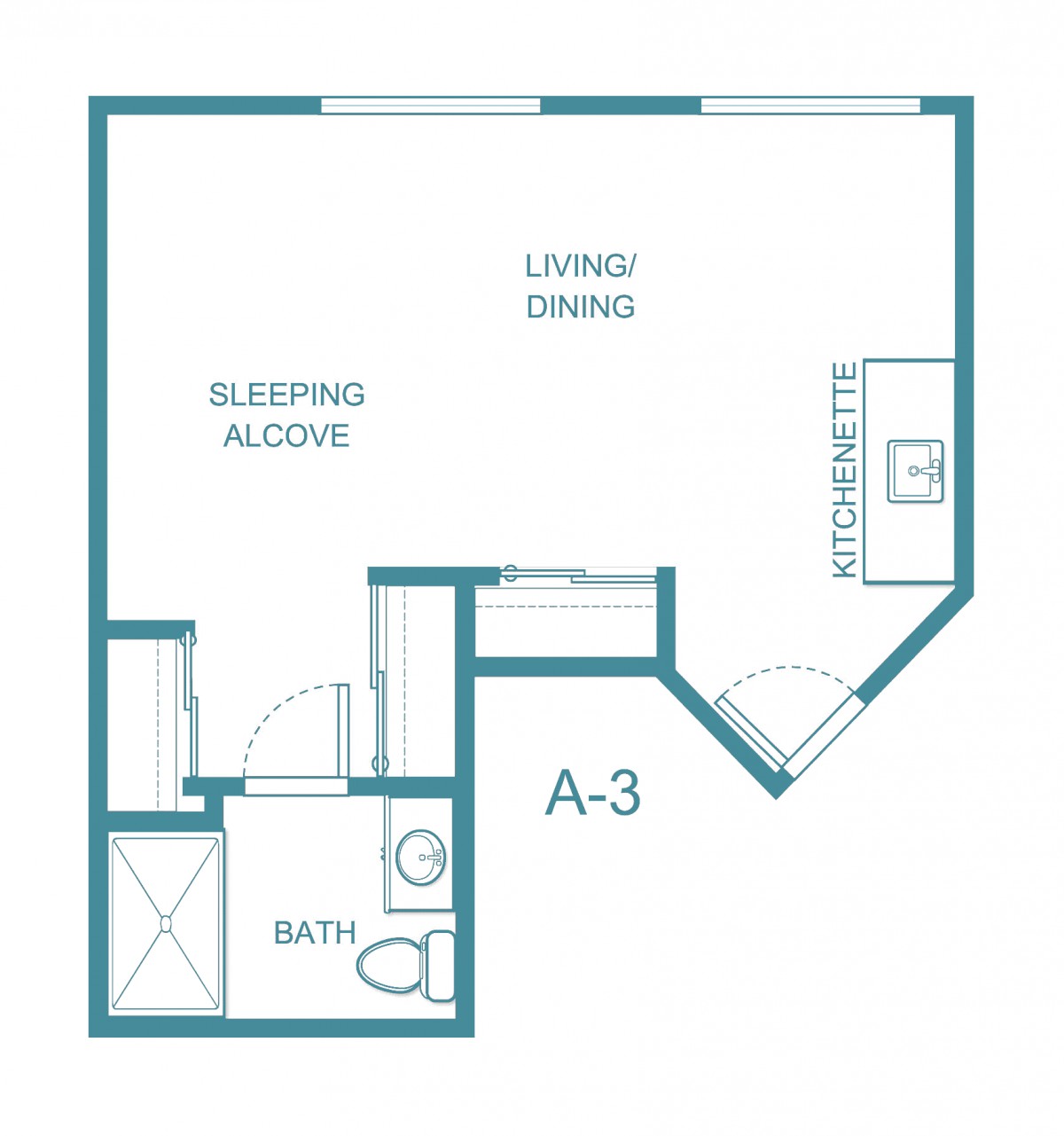 A studio apartment floor plan featuring a sleeping alcove, living/dining area, kitchen, and bathroom.