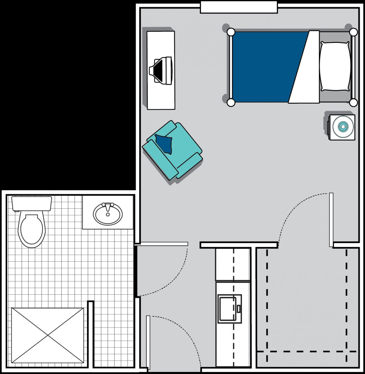 A small apartment floor plan featuring a bedroom and a bathroom.