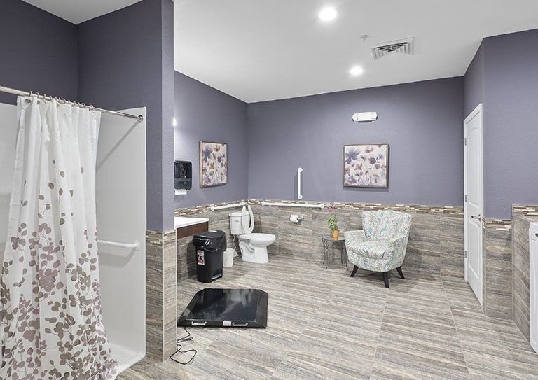 A modern and accessible bathroom with elegant decor, featuring a toilet, shower, armchair, and wall art.