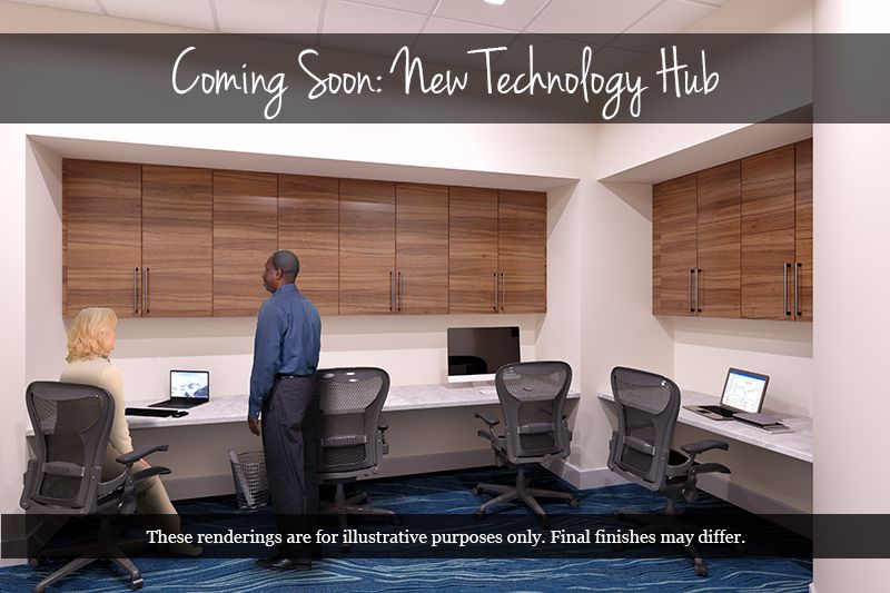 A preview of a new technology hub with workstations and computers, coming soon.
