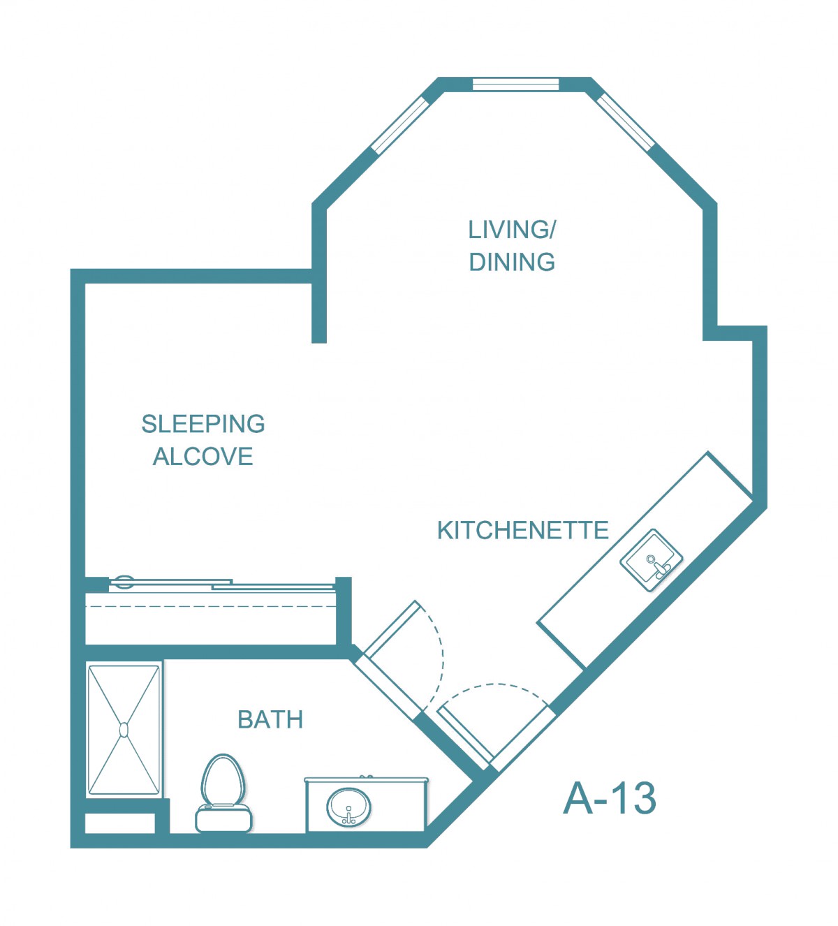 Studio apartment floor plan with sleeping alcove and kitchenette.
