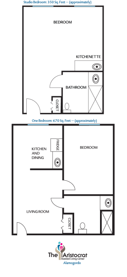 Blueprint of a one-bedroom apartment with designated living and kitchen areas.
