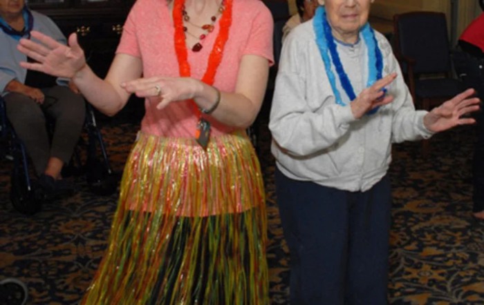 Two people enjoying a festive hula-themed party with leis and grass skirts.