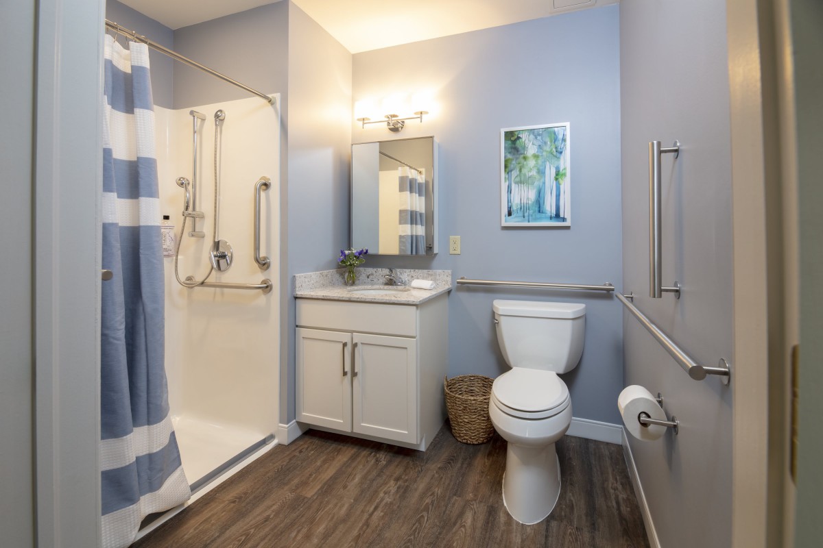 A modern bathroom featuring a shower, toilet, and vanity with a mirror.
