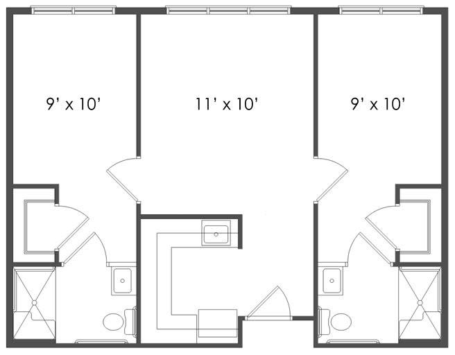 A floor plan showing a three-room apartment with labeled dimensions.