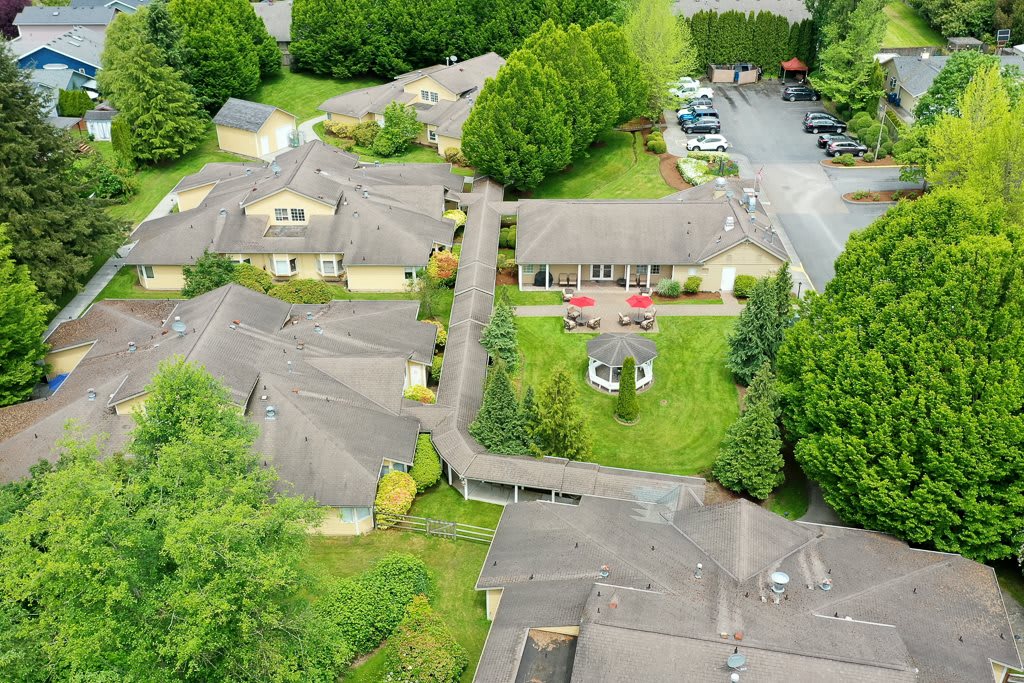Aerial view of a residential area with several houses surrounded by lush greenery and well-maintained landscaping.