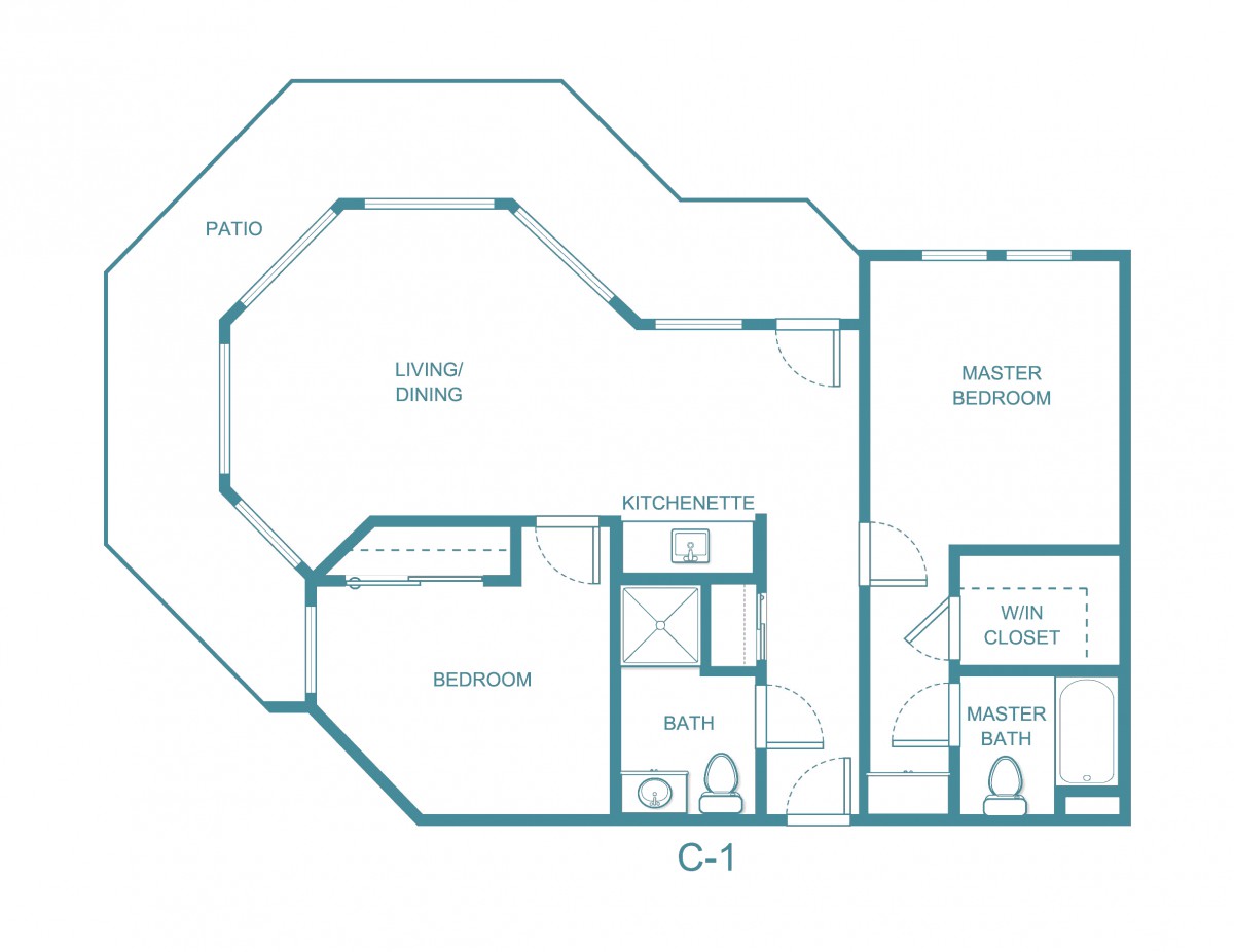 Floor plan of a residential apartment showing the living room, kitchen, bedroom, and bathrooms.